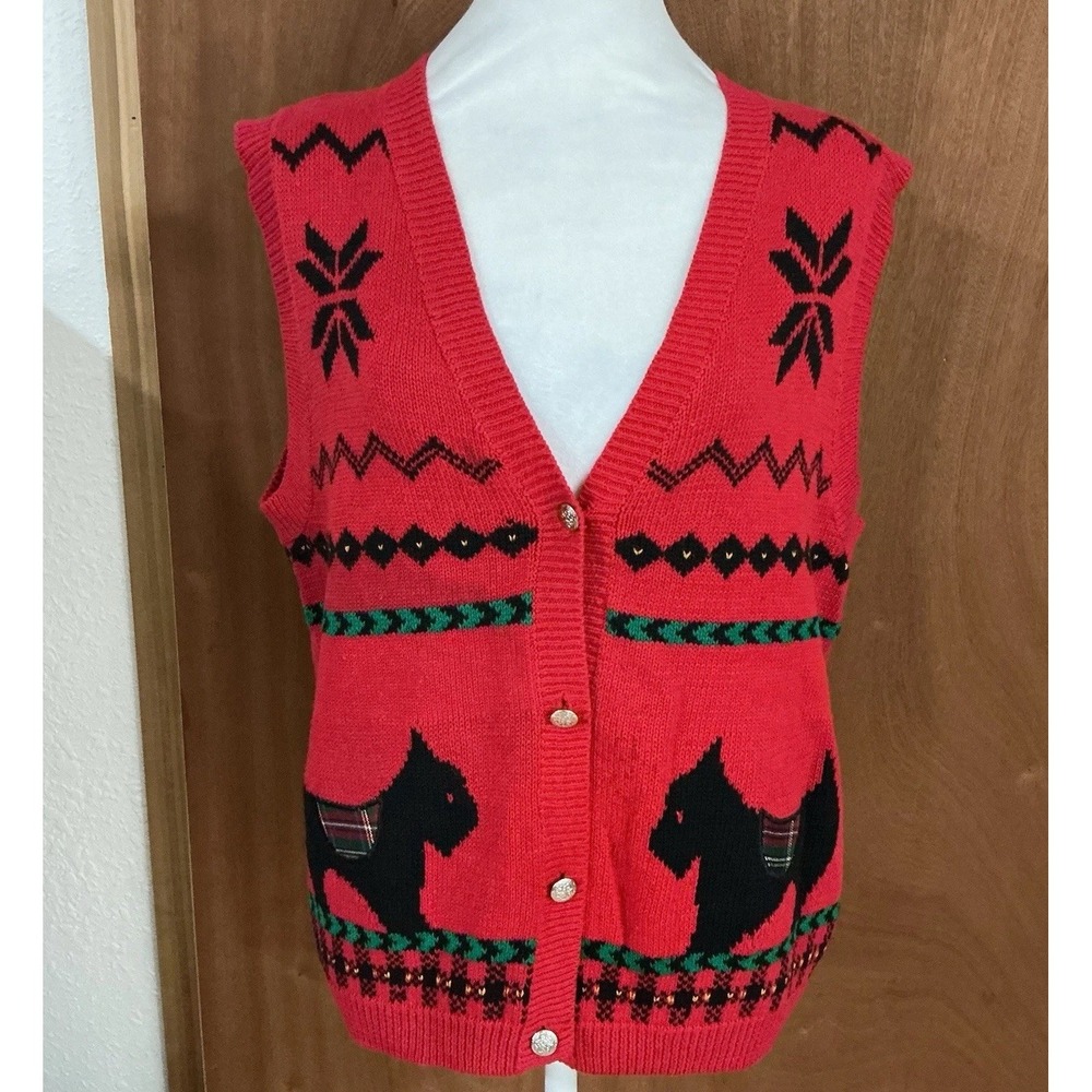 Alfred Dunner Scottie Dogs Red Knit Vest Sz. Small Vintage90s Cottagecore Preppy - Picture 4 of 13